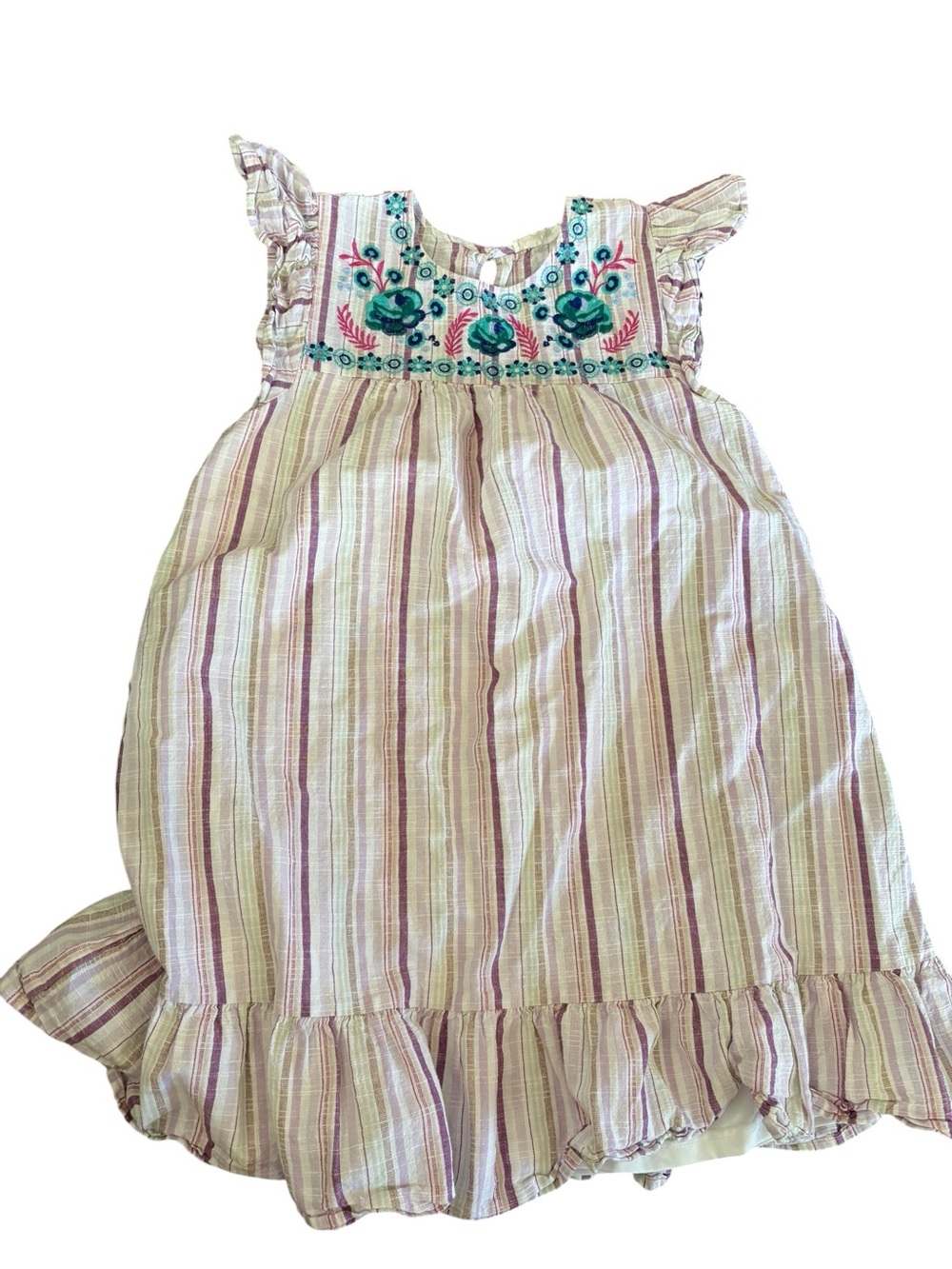 august silk Striped Embroidered Sundress - Pink, Cream, Teal